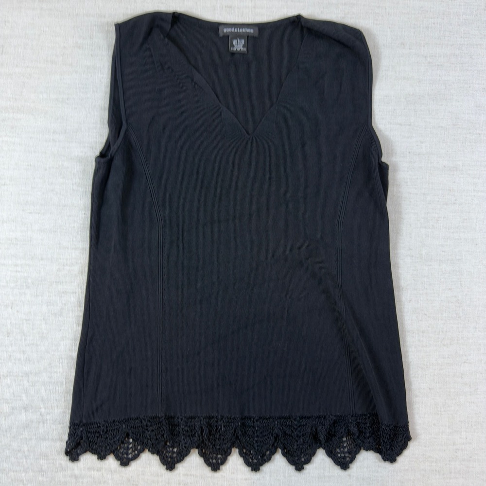 Goodclothes Womens Large Black Sleeveless Ribbed V-Neck Crochet Lace Hem Top
